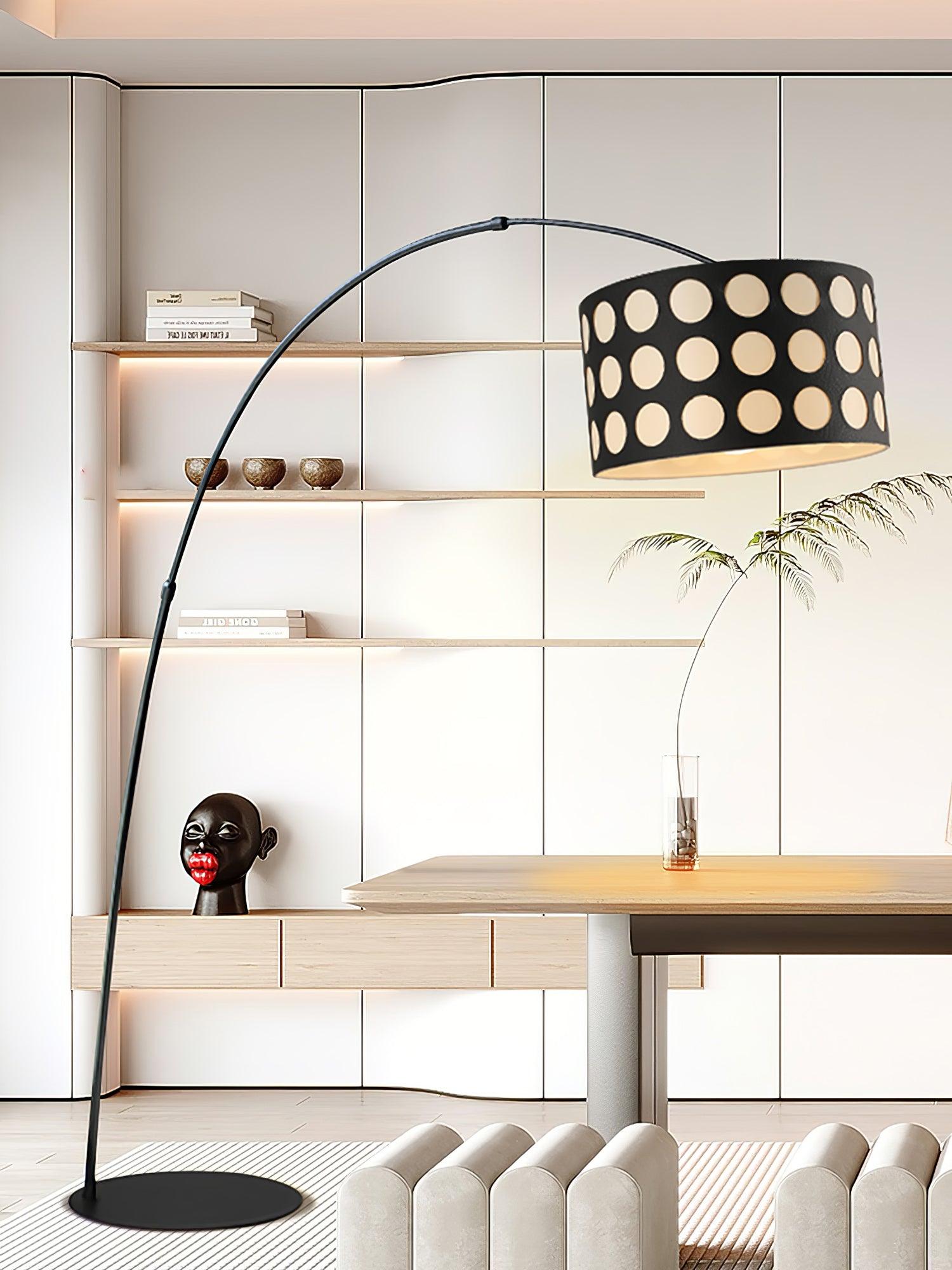 Modern Arc Floor Lamp with Black and White Polka Dot Fabric Shade for Living Room