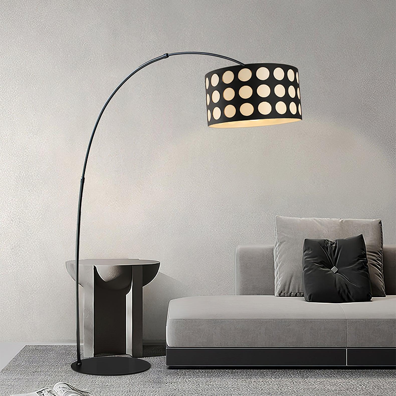 Modern Arc Floor Lamp with Black and White Polka Dot Fabric Shade for Living Room