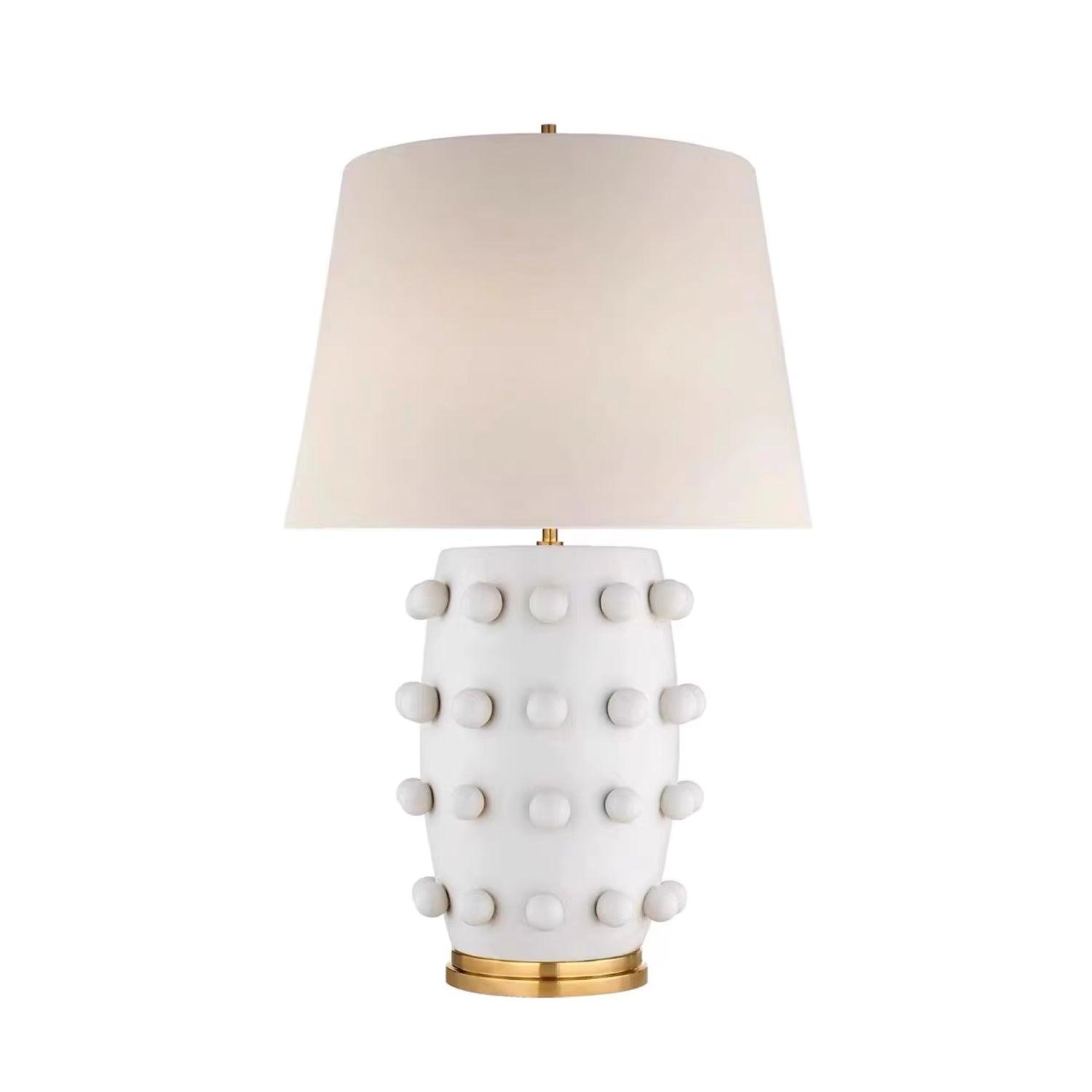 Elegant White Polka Dot Porcelain Table Lamp with Fabric Shade and Brass Base