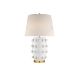 Elegant White Polka Dot Porcelain Table Lamp with Fabric Shade and Brass Base