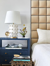 Elegant White Polka Dot Porcelain Table Lamp with Fabric Shade and Brass Base