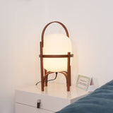 Modern Portable Glass Lantern Table Lamp with Wood Handle and Glass Shade for Ambient Lighting