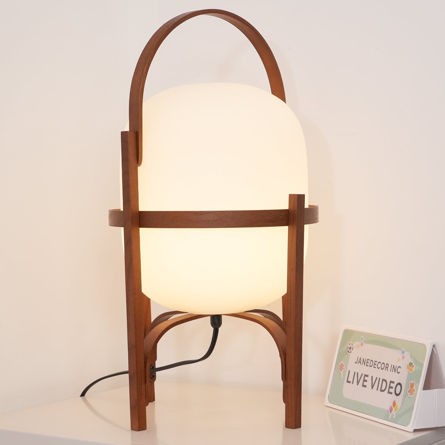 Modern Portable Glass Lantern Table Lamp with Wood Handle and Glass Shade for Ambient Lighting