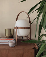 Modern Portable Glass Lantern Table Lamp with Wood Handle and Glass Shade for Ambient Lighting