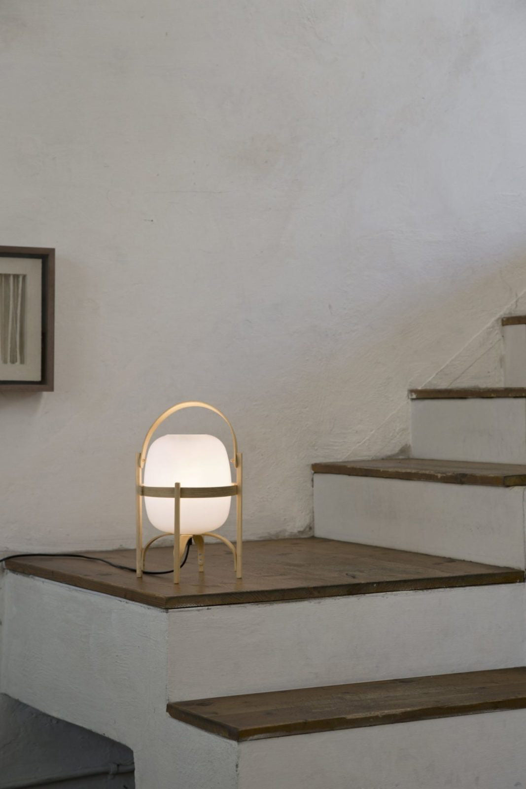 Modern Portable Glass Lantern Table Lamp with Wood Handle and Glass Shade for Ambient Lighting