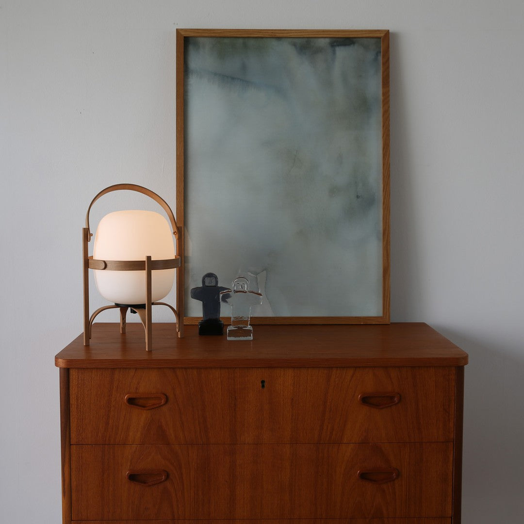 Modern Portable Glass Lantern Table Lamp with Wood Handle and Glass Shade for Ambient Lighting