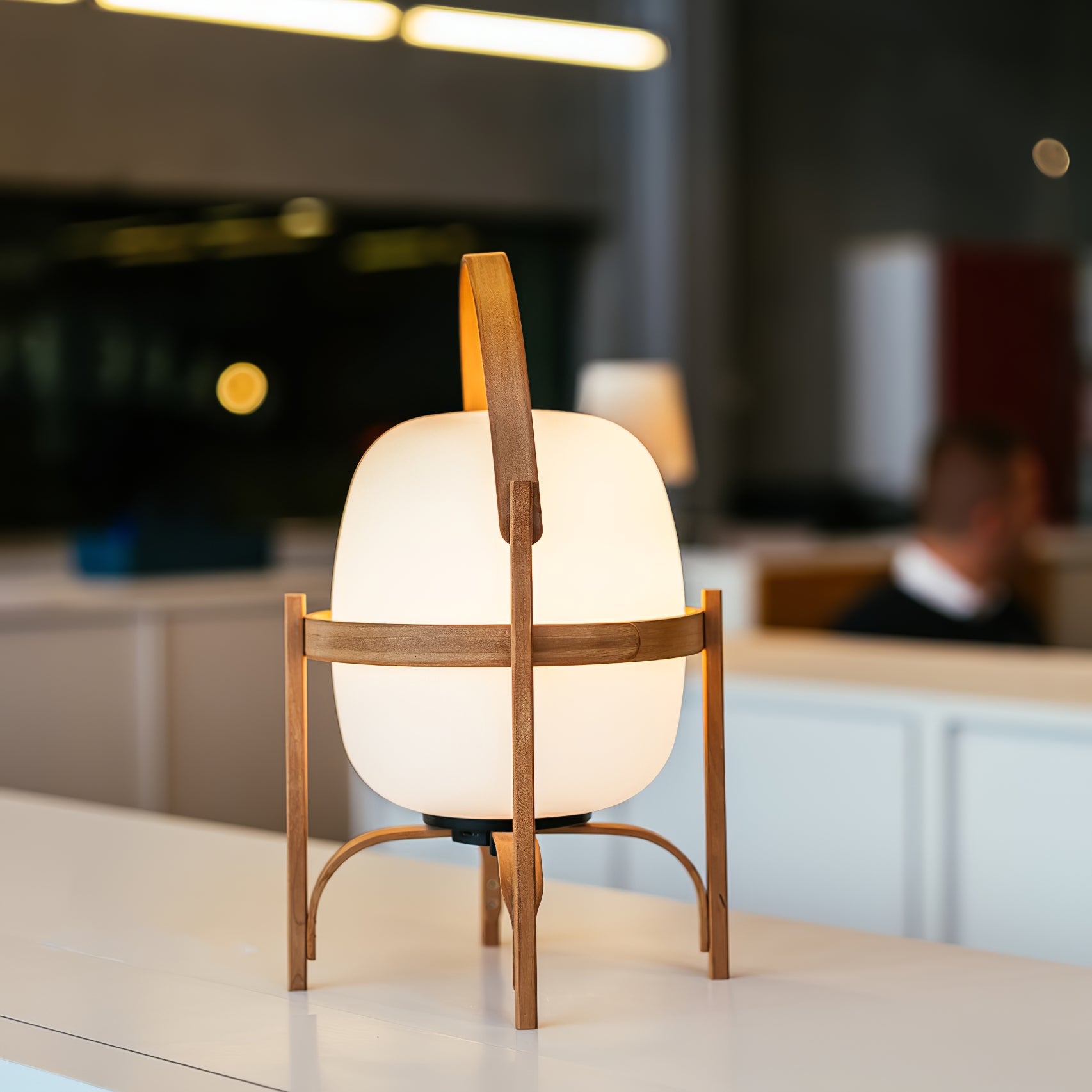 Modern Portable Glass Lantern Table Lamp with Wood Handle and Glass Shade for Ambient Lighting