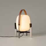 Modern Portable Lantern Table Lamp with Leather Handle and Opal Glass Globe for Bedside Lighting