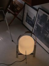 Modern Portable Lantern Table Lamp with Leather Handle and Opal Glass Globe for Bedside Lighting