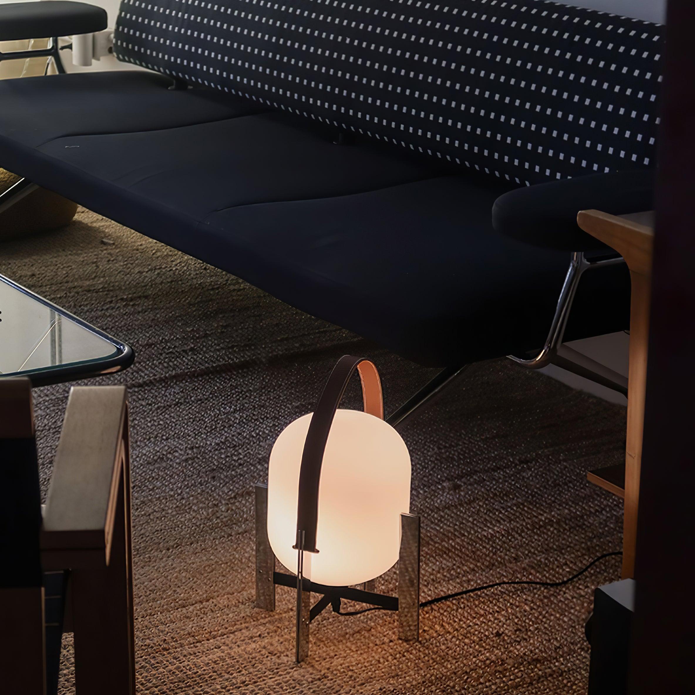 Modern Portable Lantern Table Lamp with Leather Handle and Opal Glass Globe for Bedside Lighting