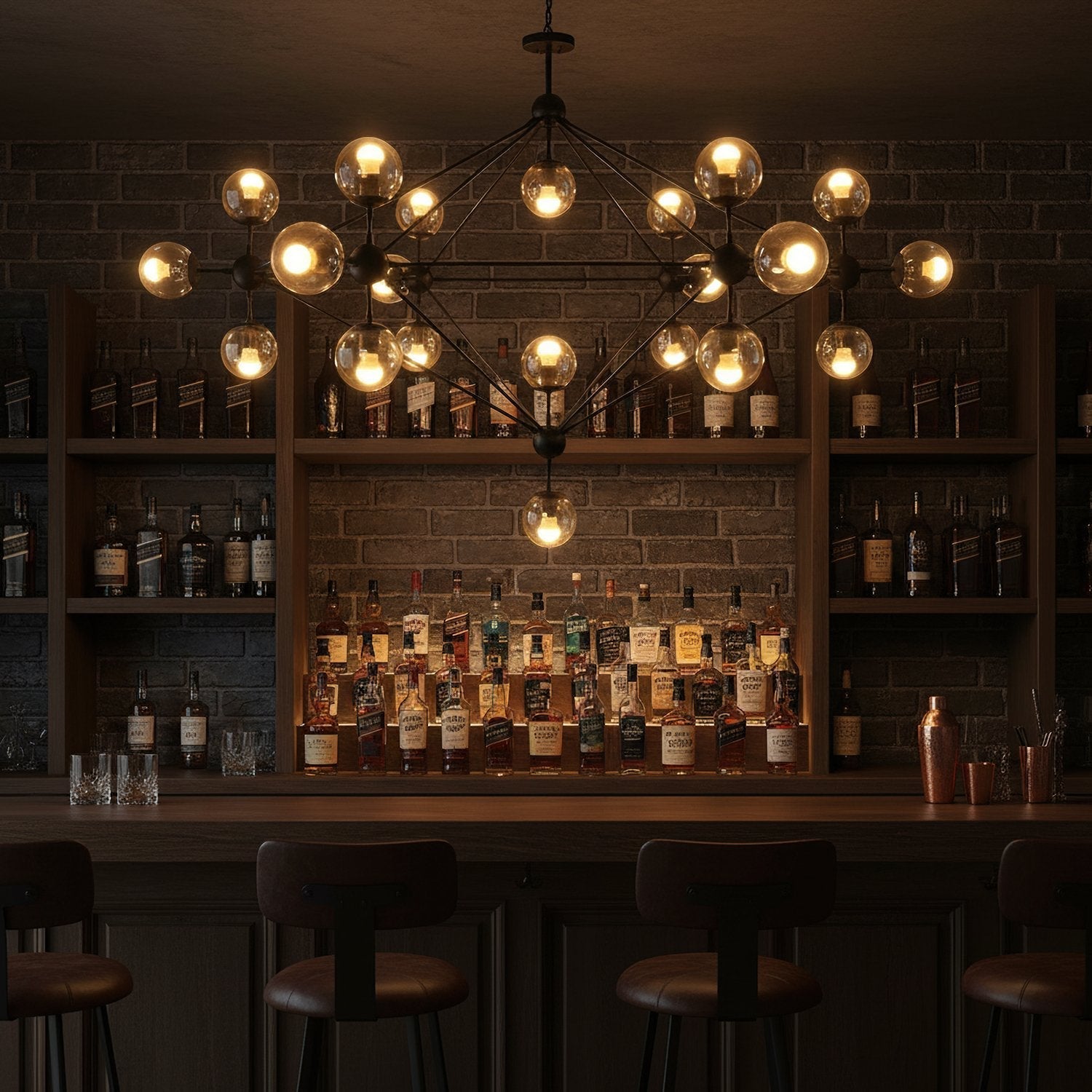 modern-black-geometric-chandelier-with-cognac-glass-globes-for-mid-century-living-spaces