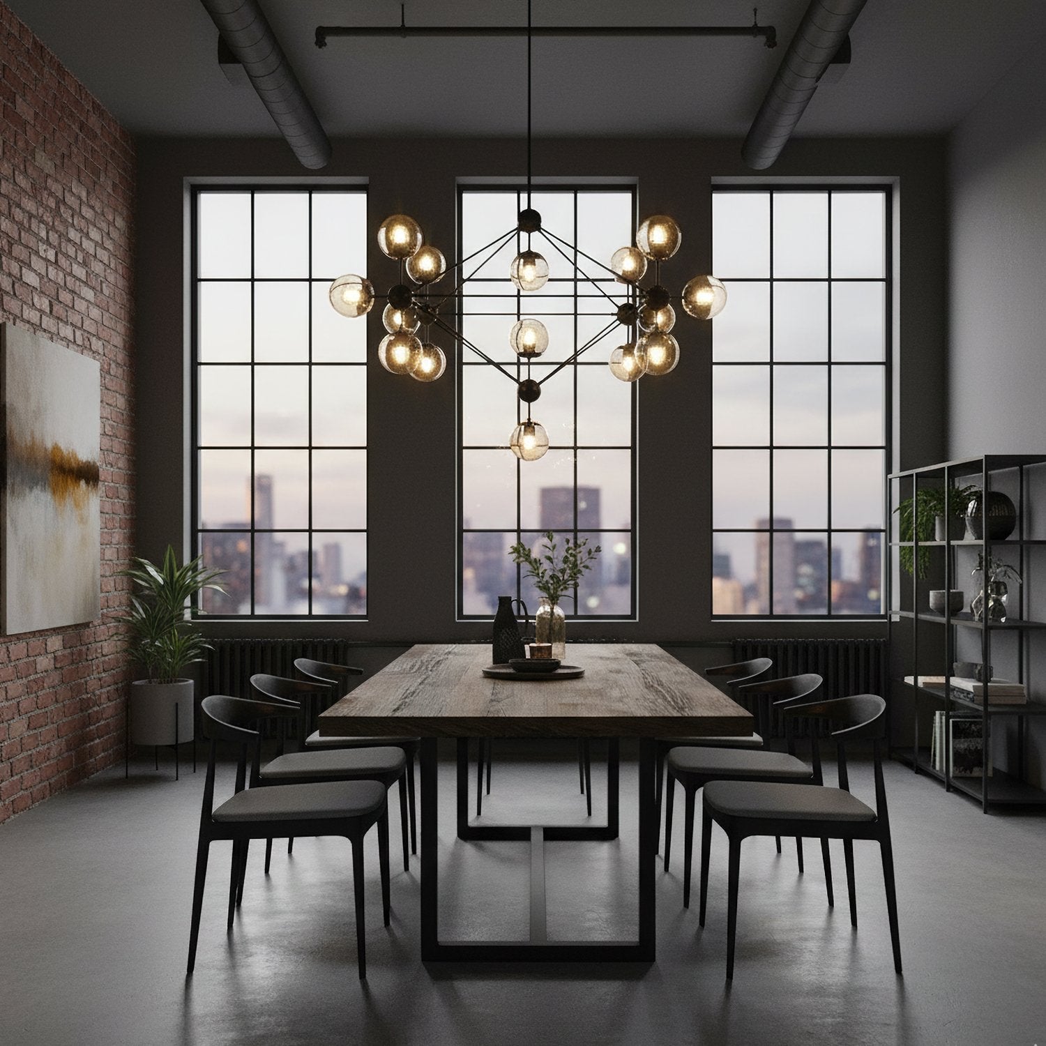 modern-black-geometric-chandelier-with-cognac-glass-globes-for-mid-century-living-spaces