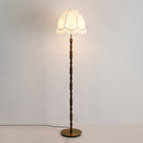 Vintage Walnut Wood Floor Lamp with Printed Tassel Fabric Shade Accent