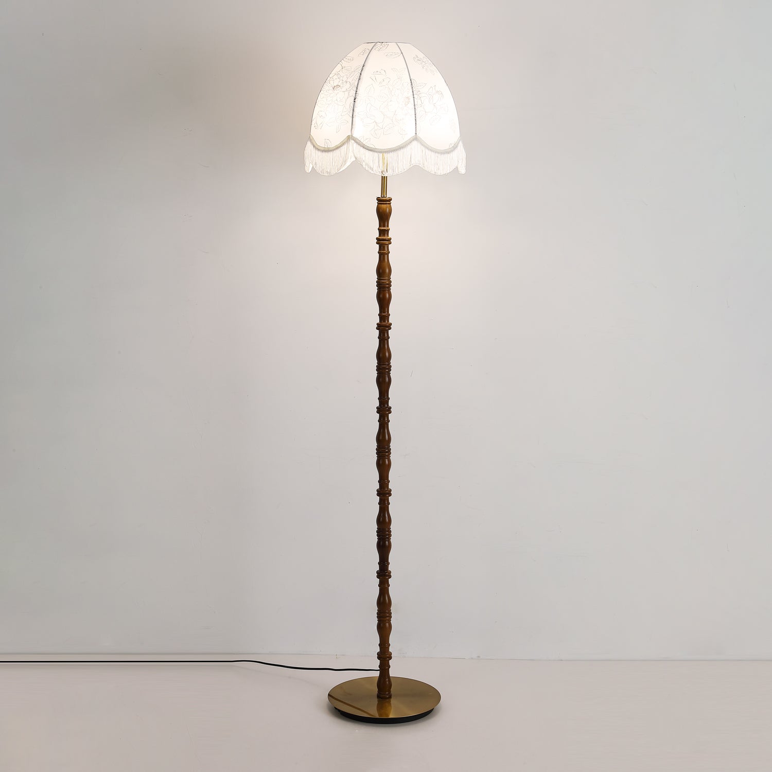 Vintage Walnut Wood Floor Lamp with Printed Tassel Fabric Shade Accent