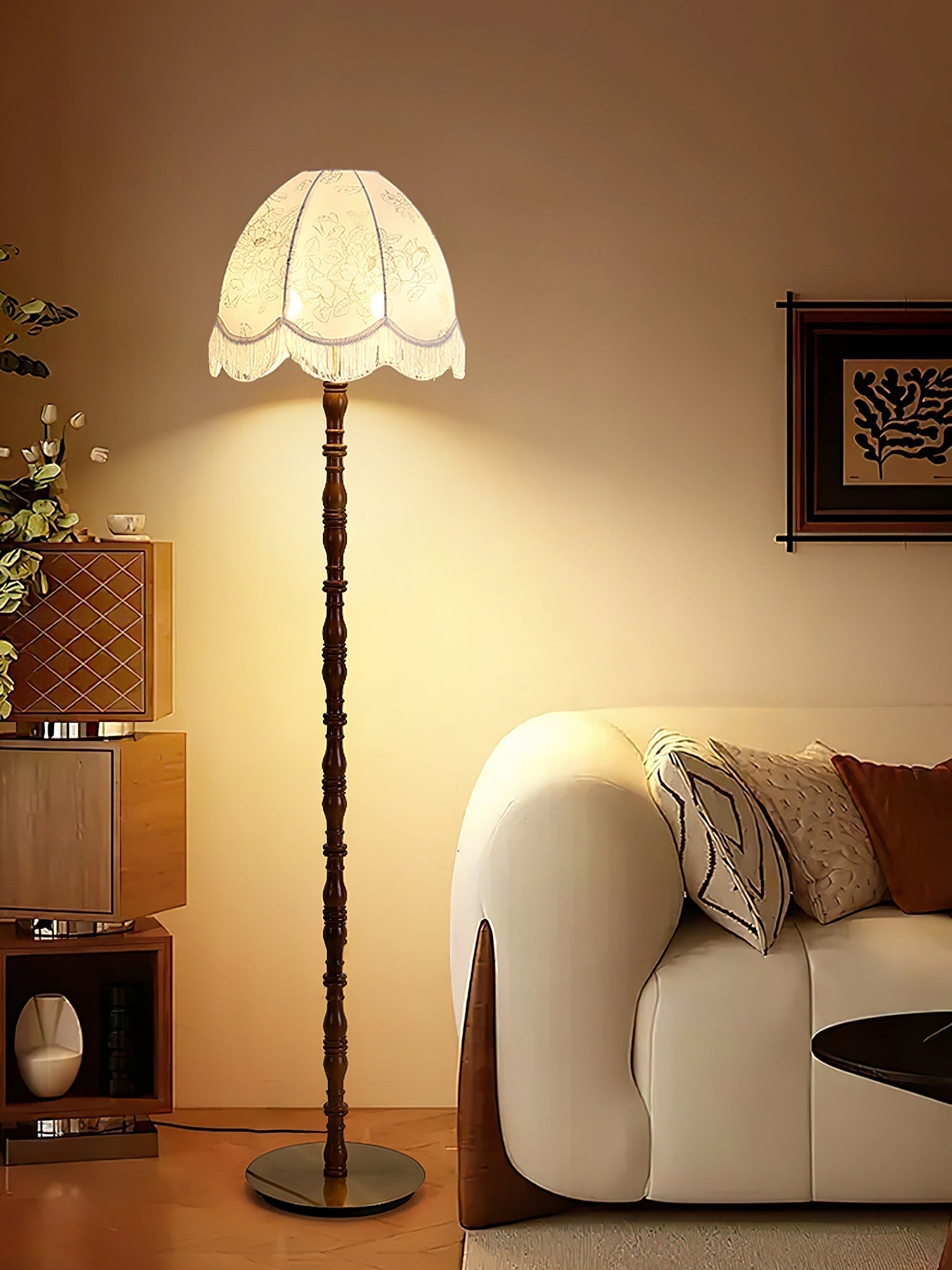 Vintage Walnut Wood Floor Lamp with Printed Tassel Fabric Shade Accent