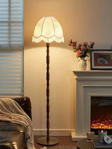 Vintage Walnut Wood Floor Lamp with Printed Tassel Fabric Shade Accent