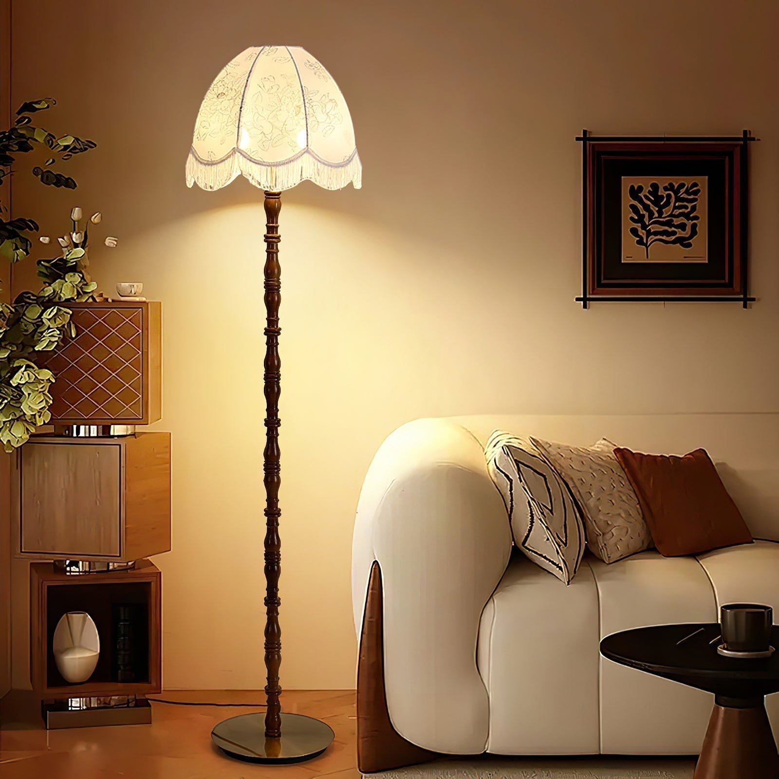 Vintage Walnut Wood Floor Lamp with Printed Tassel Fabric Shade Accent