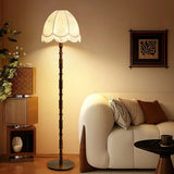 Vintage Walnut Wood Floor Lamp with Printed Tassel Fabric Shade Accent