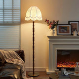 Vintage Walnut Wood Floor Lamp with Printed Tassel Fabric Shade Accent