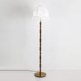 Vintage Walnut Wood Floor Lamp with Printed Tassel Fabric Shade Accent