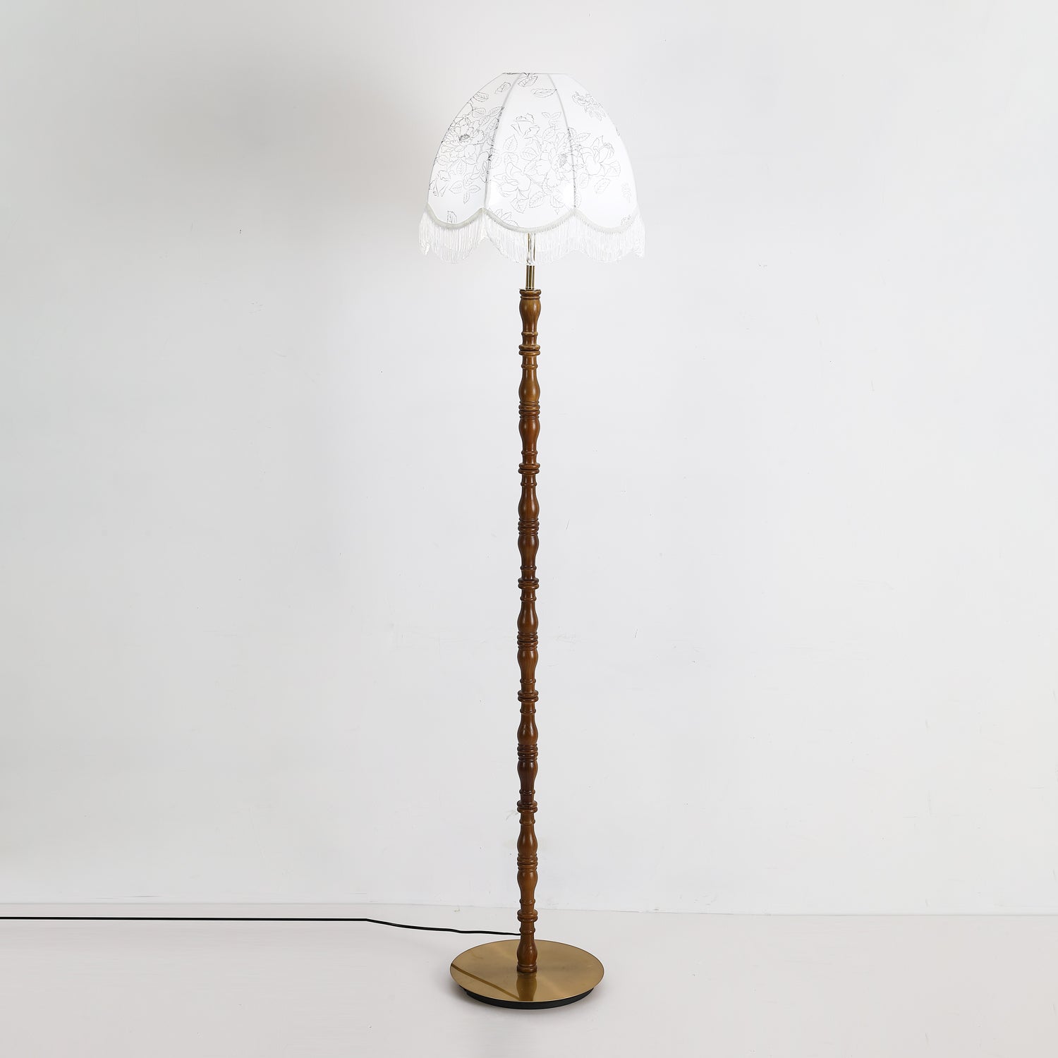 Vintage Walnut Wood Floor Lamp with Printed Tassel Fabric Shade Accent