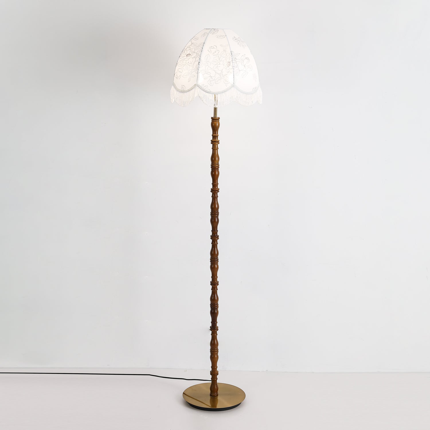 Vintage Walnut Wood Floor Lamp with Printed Tassel Fabric Shade Accent