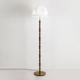 Vintage Walnut Wood Floor Lamp with Printed Tassel Fabric Shade Accent