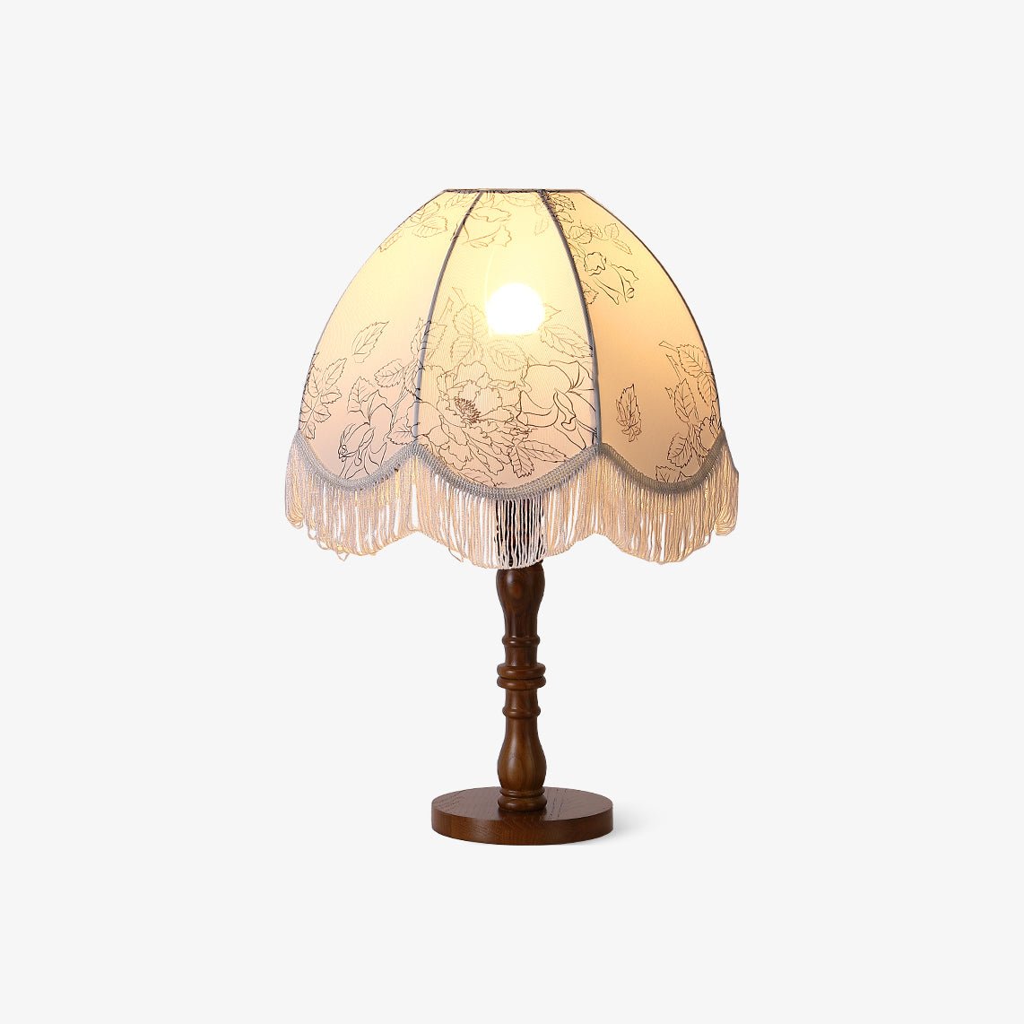 Vintage Printed Tassel Table Lamp with Walnut Wood Base and Fabric Shade for Bedroom