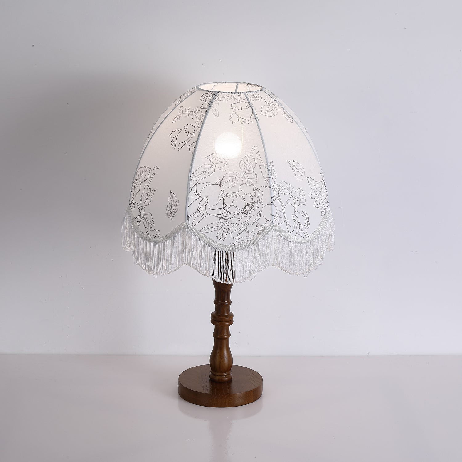 Vintage Printed Tassel Table Lamp with Walnut Wood Base and Fabric Shade for Bedroom