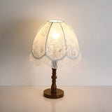 Vintage Printed Tassel Table Lamp with Walnut Wood Base and Fabric Shade for Bedroom