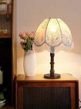 Vintage Printed Tassel Table Lamp with Walnut Wood Base and Fabric Shade for Bedroom