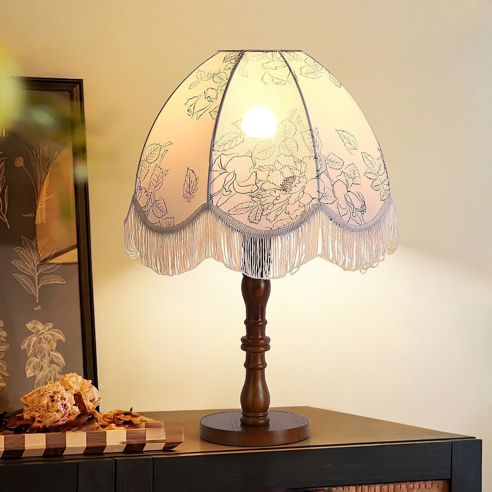 Vintage Printed Tassel Table Lamp with Walnut Wood Base and Fabric Shade for Bedroom