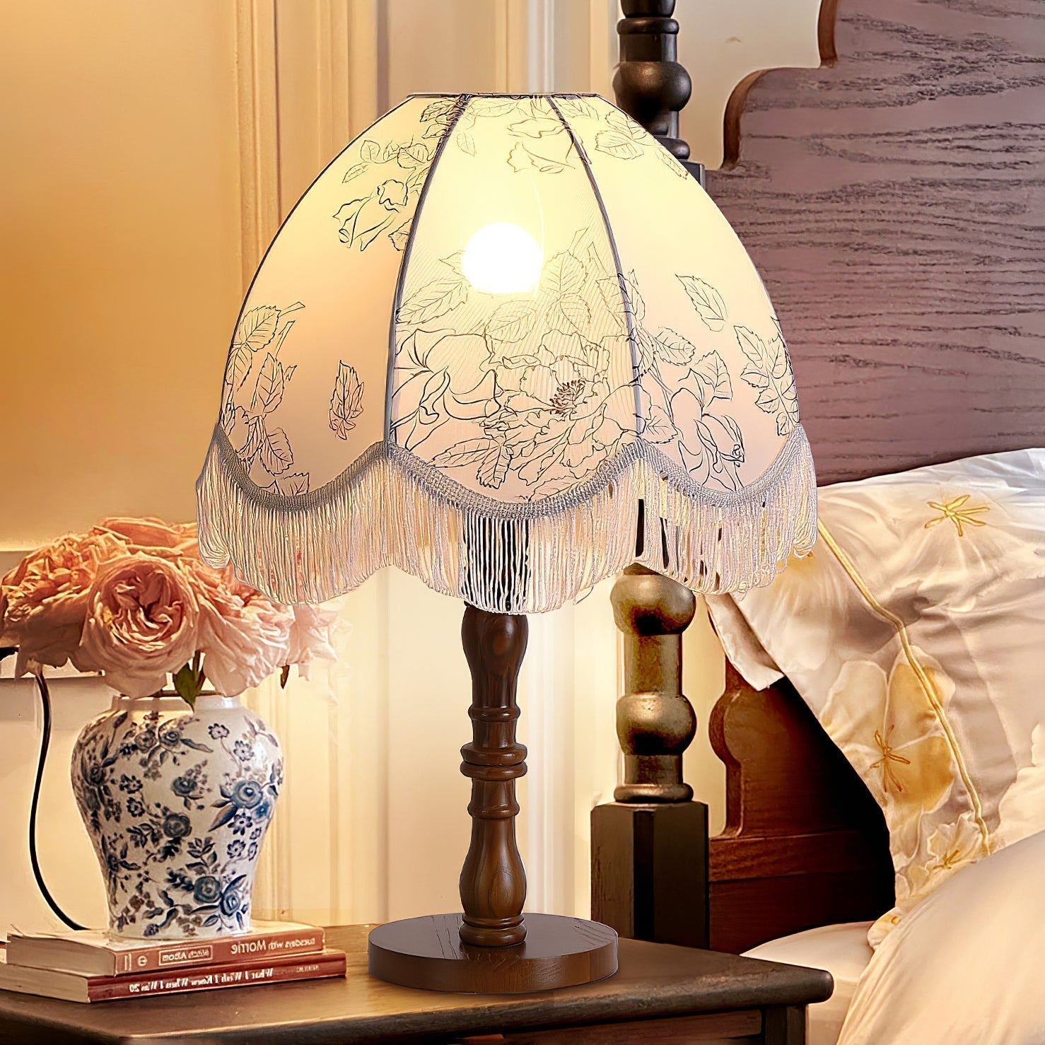 Vintage Printed Tassel Table Lamp with Walnut Wood Base and Fabric Shade for Bedroom
