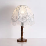 Vintage Printed Tassel Table Lamp with Walnut Wood Base and Fabric Shade for Bedroom