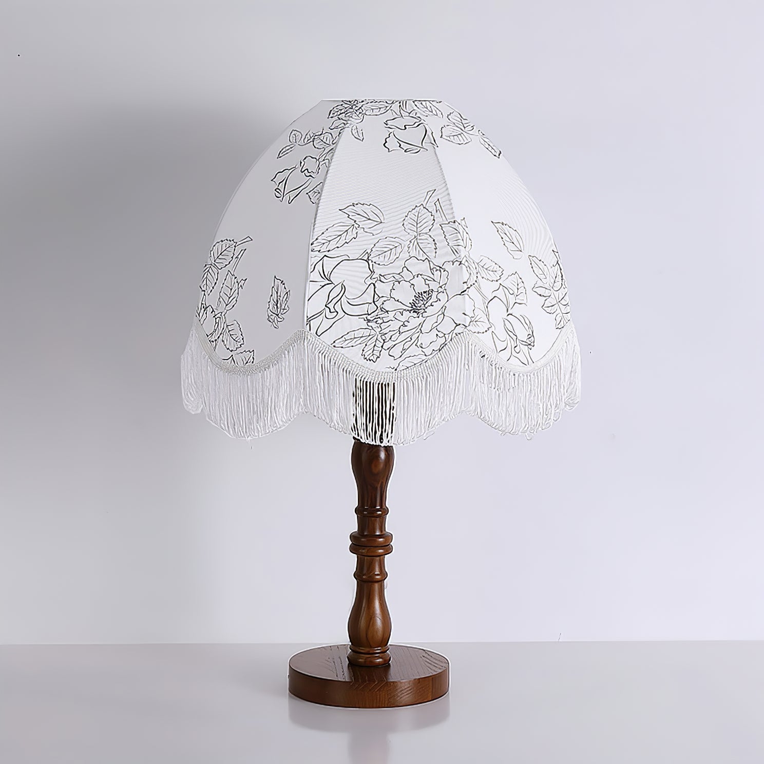 Vintage Printed Tassel Table Lamp with Walnut Wood Base and Fabric Shade for Bedroom
