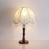 Vintage Printed Tassel Table Lamp with Walnut Wood Base and Fabric Shade for Bedroom