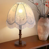 Vintage Printed Tassel Table Lamp with Walnut Wood Base and Fabric Shade for Bedroom