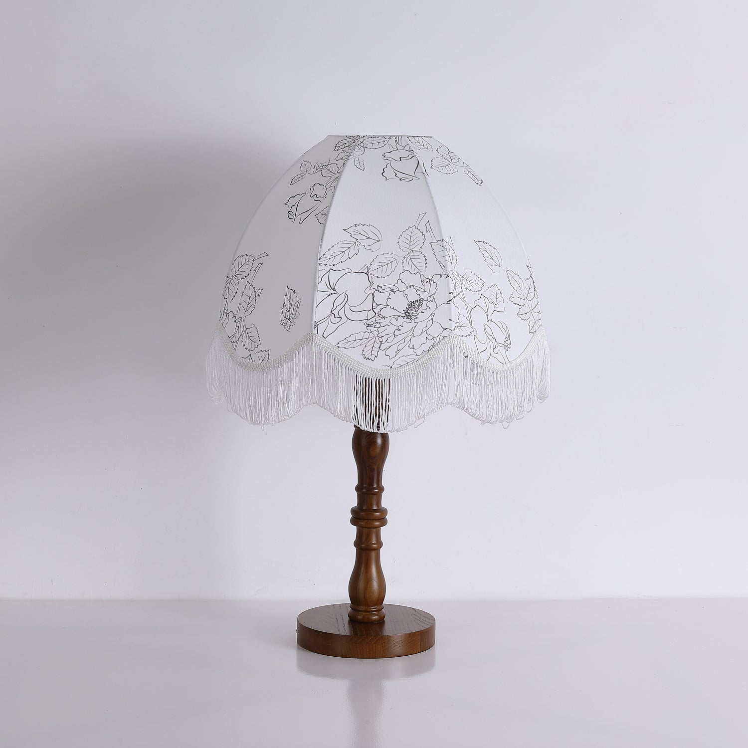 Vintage Printed Tassel Table Lamp with Walnut Wood Base and Fabric Shade for Bedroom