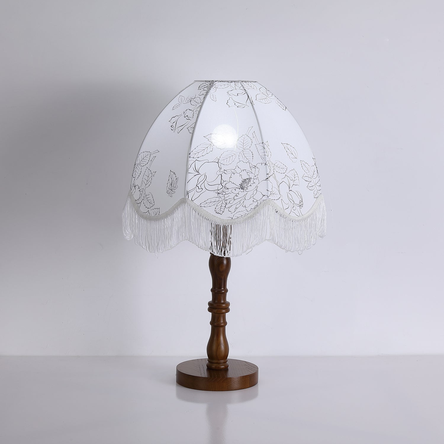 Vintage Printed Tassel Table Lamp with Walnut Wood Base and Fabric Shade for Bedroom