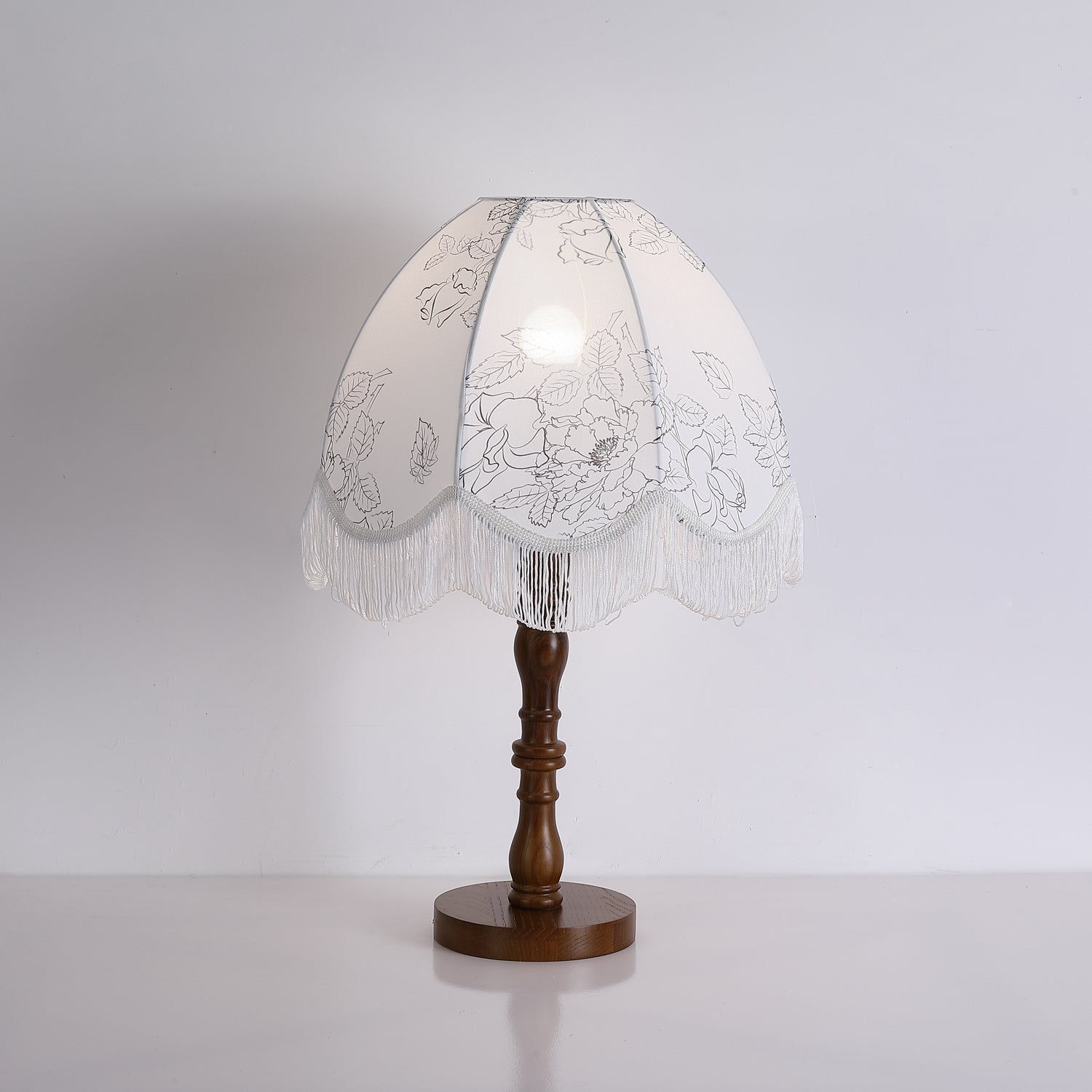 Vintage Printed Tassel Table Lamp with Walnut Wood Base and Fabric Shade for Bedroom