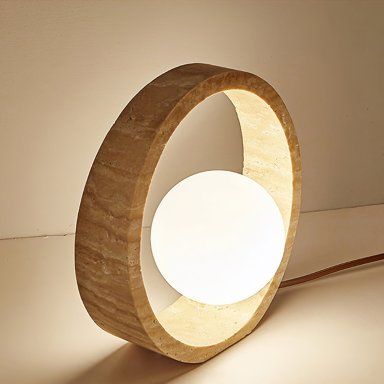 Modern Geometric Travertine Table Lamp Q Circle Portable Indoor Lighting for Bedside