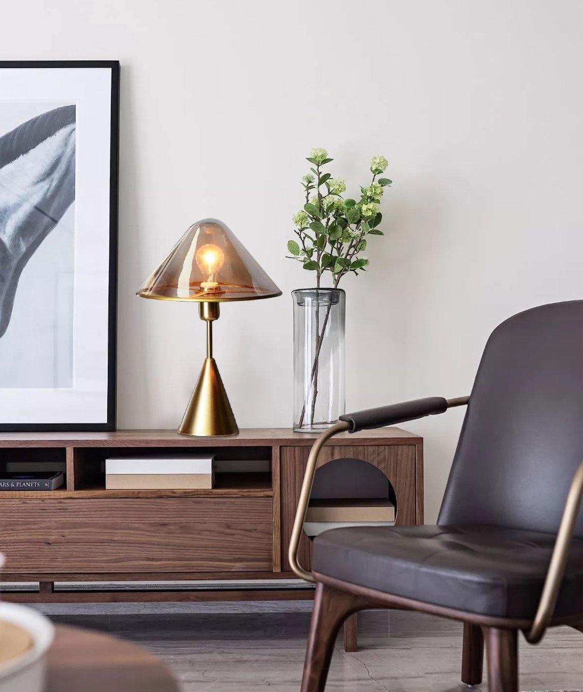 Modern Gold Mushroom Desk Lamp with Elegant Glass Shade and Brass Finish
