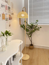 Handwoven Rattan Arched Floor Lamp Modern Beige Standing Light for Living Room