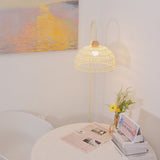 Handwoven Rattan Arched Floor Lamp Modern Beige Standing Light for Living Room