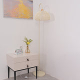 Handwoven Rattan Arched Floor Lamp Modern Beige Standing Light for Living Room