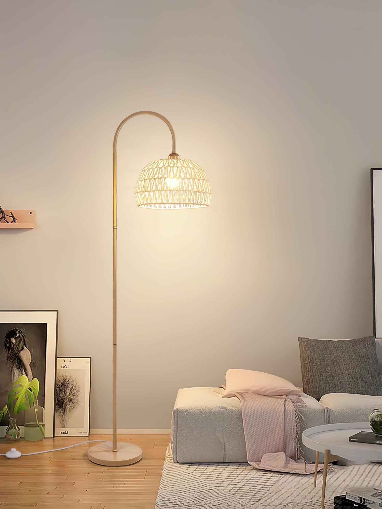 Handwoven Rattan Arched Floor Lamp Modern Beige Standing Light for Living Room