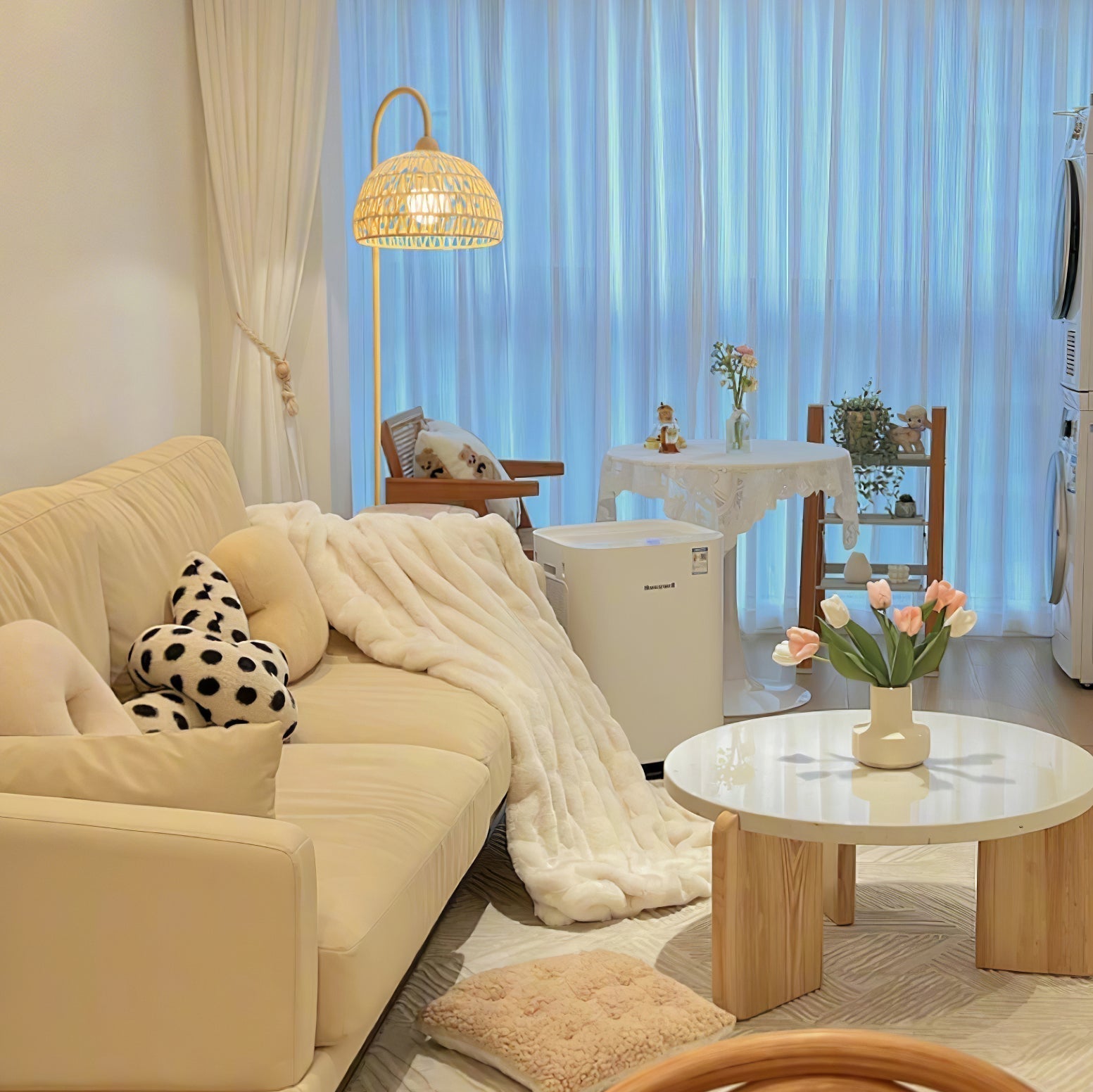 Handwoven Rattan Arched Floor Lamp Modern Beige Standing Light for Living Room