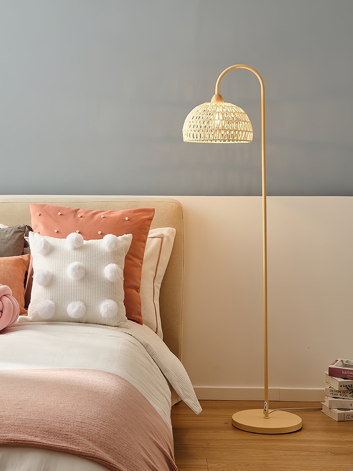 Handwoven Rattan Arched Floor Lamp Modern Beige Standing Light for Living Room