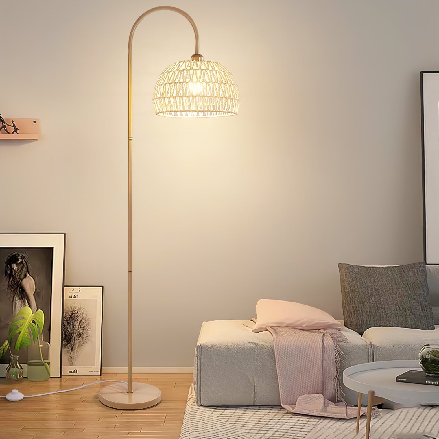 Handwoven Rattan Arched Floor Lamp Modern Beige Standing Light for Living Room