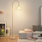 Handwoven Rattan Arched Floor Lamp Modern Beige Standing Light for Living Room